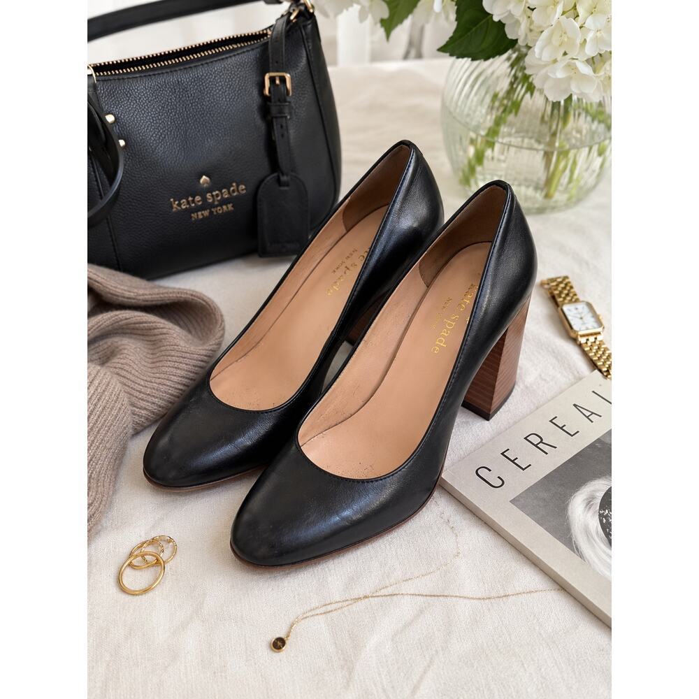 Kate Spade New York Black Leather Block Heel Pumps Women’s Size 8 Classic